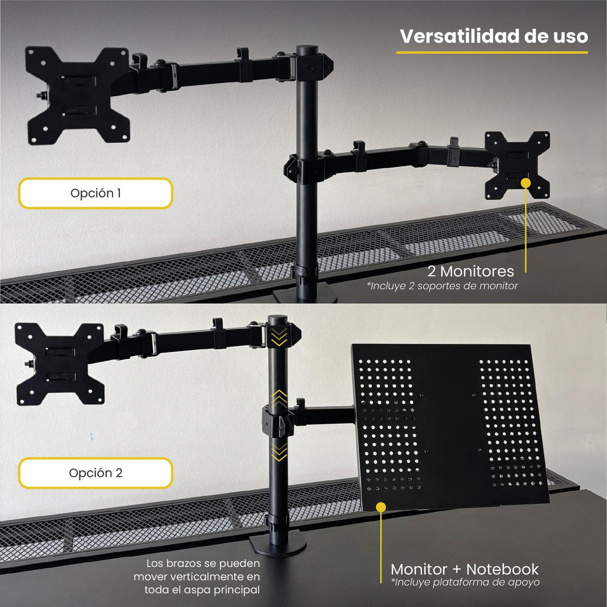 LEVO Brazo Doble — gestión de cables integrada en el cuerpo del brazo