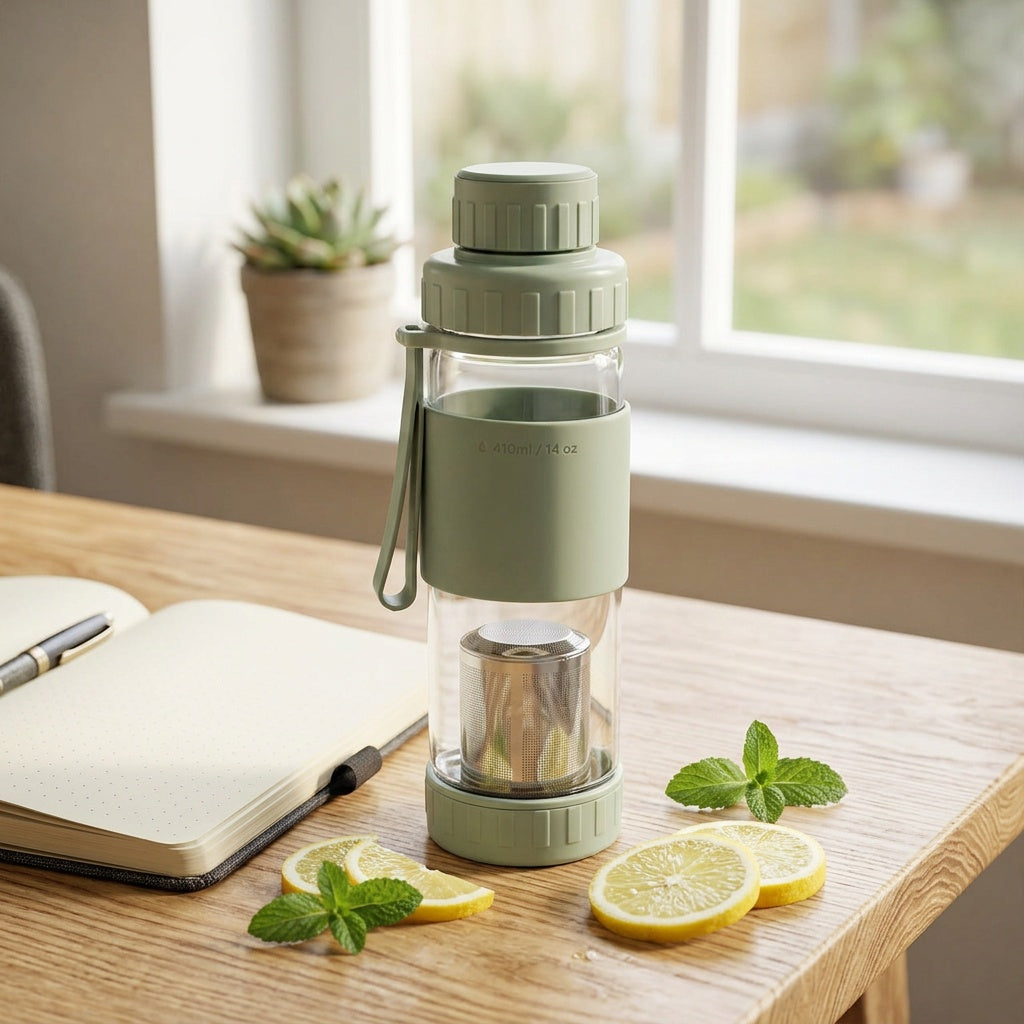 Botella De Vidrio Con Infusión 410Ml Verde Brando — en uso