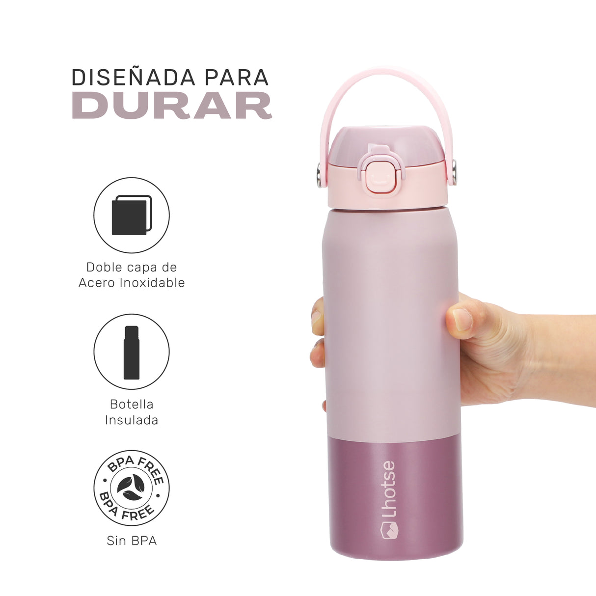 Rosa · Botella Térmica Hydrotek 750 ml de acero inoxidable Lhotse, detalle de la doble capa de acero inoxidable y libre de BPA