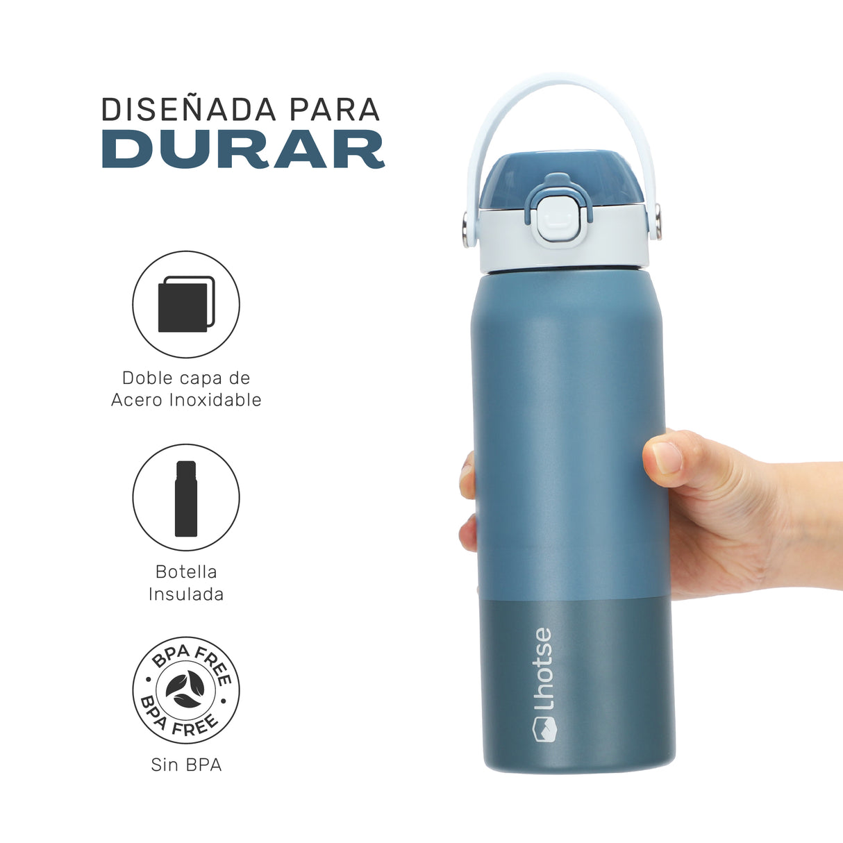 Azul marino · Botella Térmica Hydrotek 750 ml de acero inoxidable Lhotse, detalle de la doble capa de acero inoxidable y libre de BPA