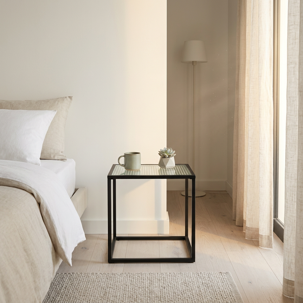 Mesa Metal Negro Vidrio 35x35cm en espacio acogedor - DAY Francia