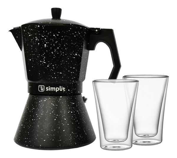 Pack Cafetera Italiana 12 Tazas + Set 2 Vasos Doble Pared 400 ml Simplit