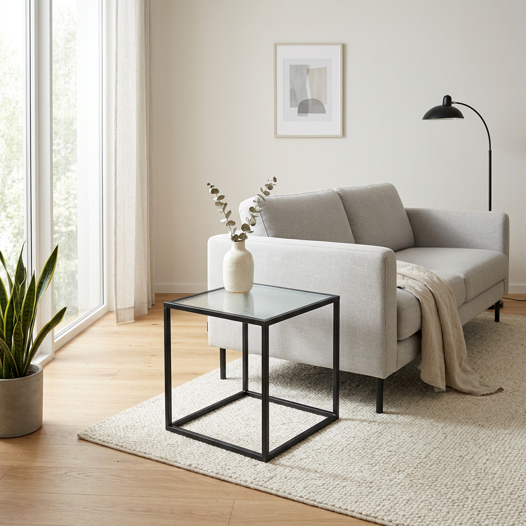 Mesa Metal Negro Vidrio 35x35cm en living moderno - DAY Francia