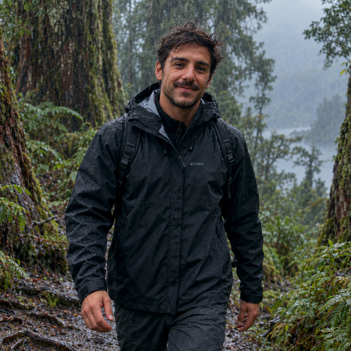 Cortaviento impermeable Gorak Shep Lhotse negro bajo la lluvia en un bosque de alerces