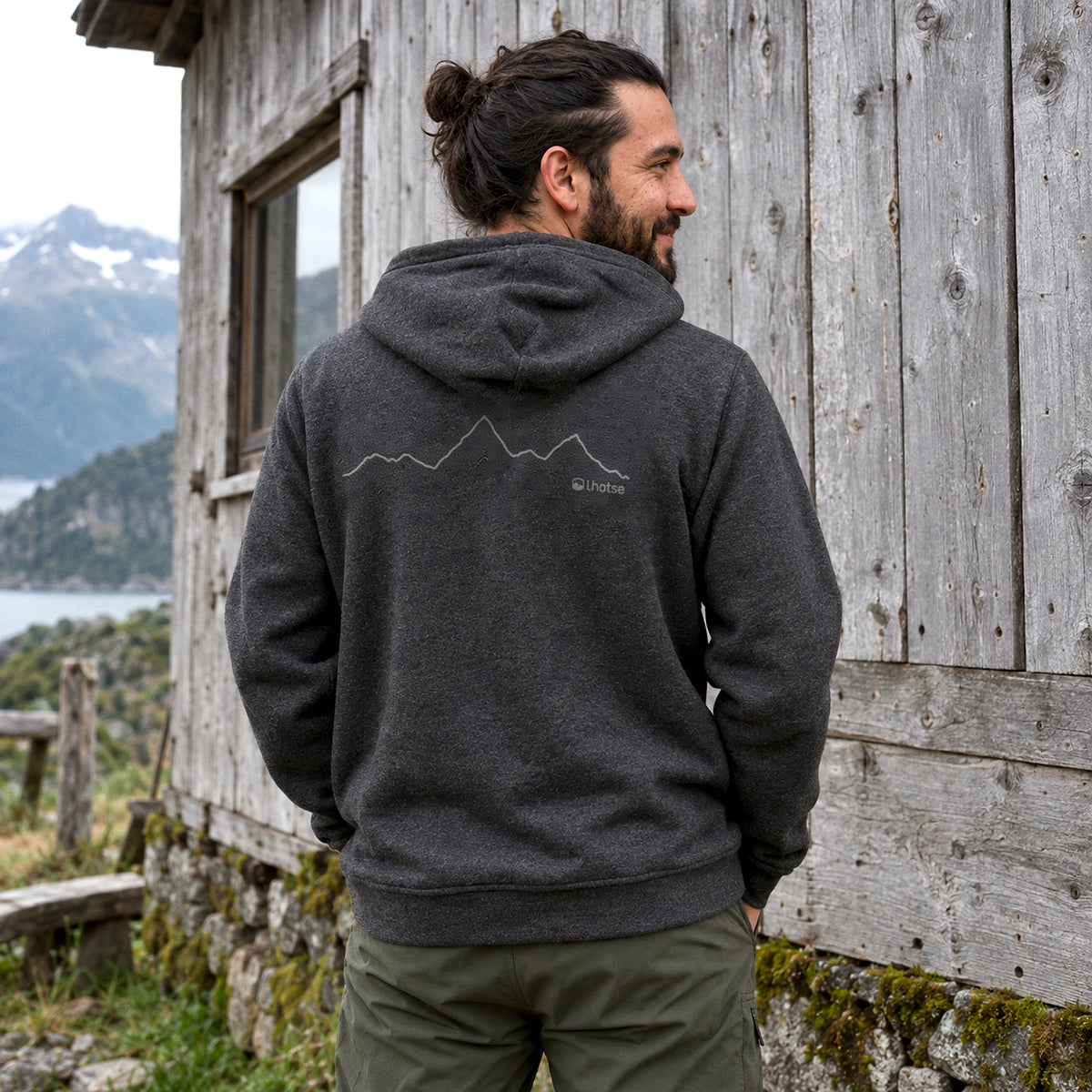 Gris · Polerón Hombre Hoodie Katmandú Lhotse de espalda con estampado de montaña