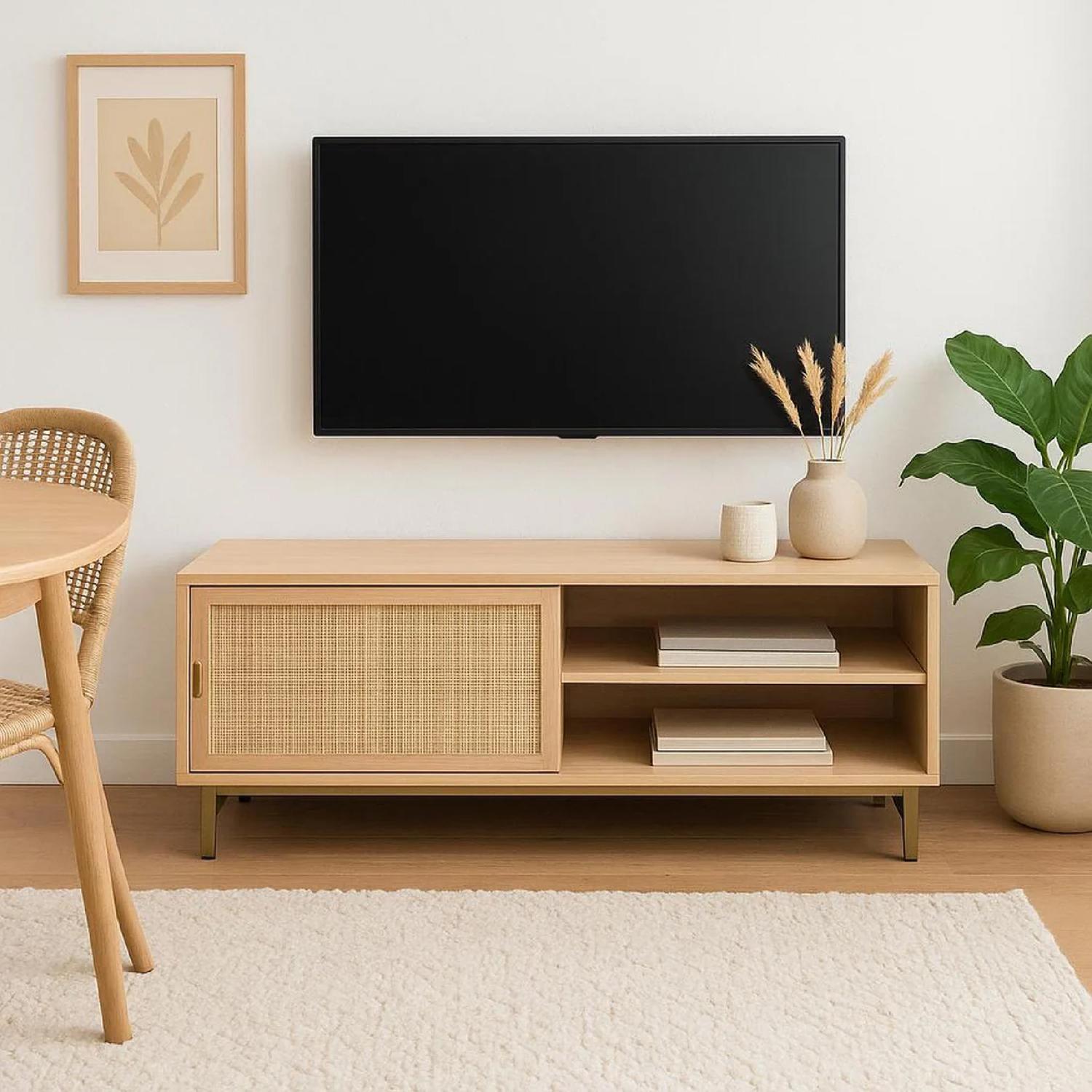Rack TV Junco en living boho natural