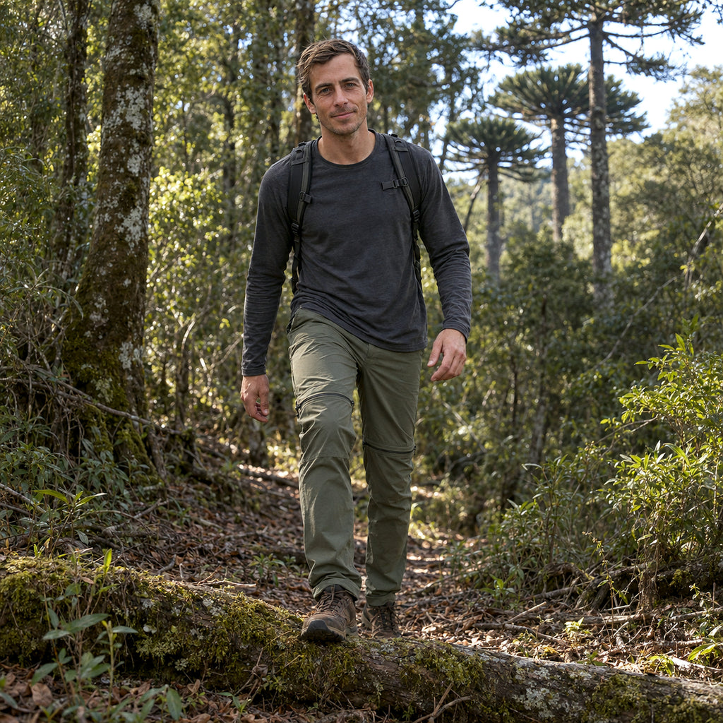 Pantalón trekking Lukla Lhotse verde en un bosque de araucarias