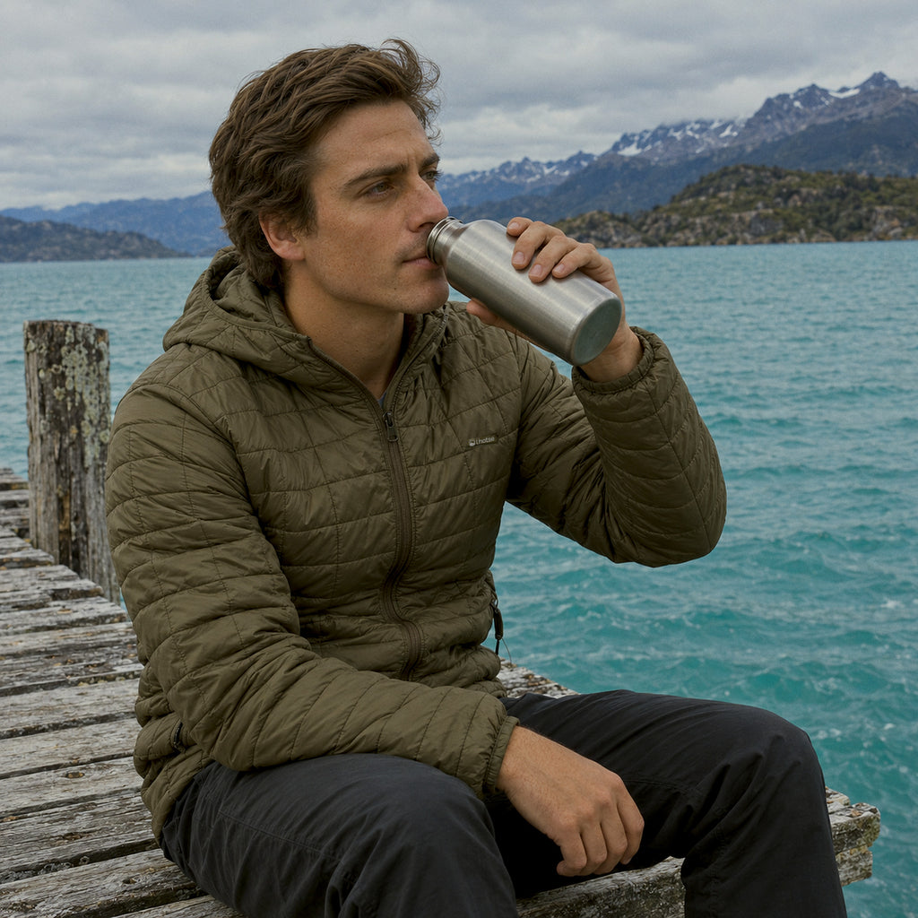Chaqueta Parka Nuptse Lhotse verde junto al Lago General Carrera