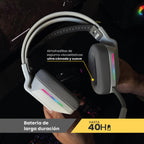 LEVO Zenit Elite blanco — gamer usando audífonos blancos en setup gaming