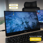 LEVO NexView 15.6 — lifestyle en setup de trabajo productivo con doble pantalla