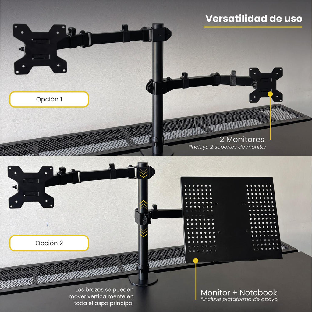 LEVO Brazo Doble — gestión de cables integrada en el cuerpo del brazo