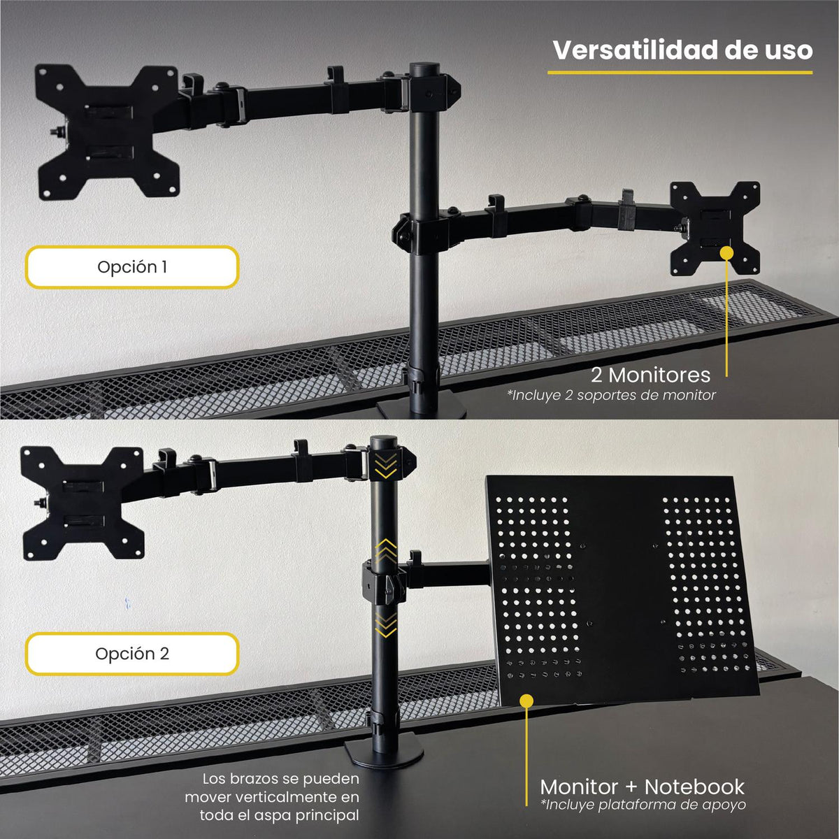 LEVO Brazo Doble — gestión de cables integrada en el cuerpo del brazo