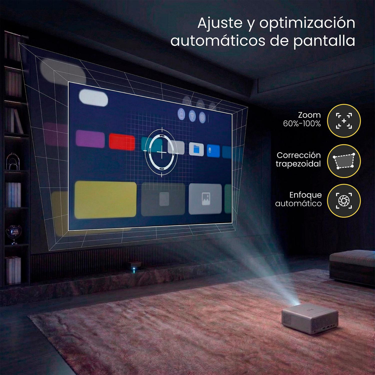 LEVO Proyector Hexa — infografía especificaciones: 8000lm, WiFi, Bluetooth, Android