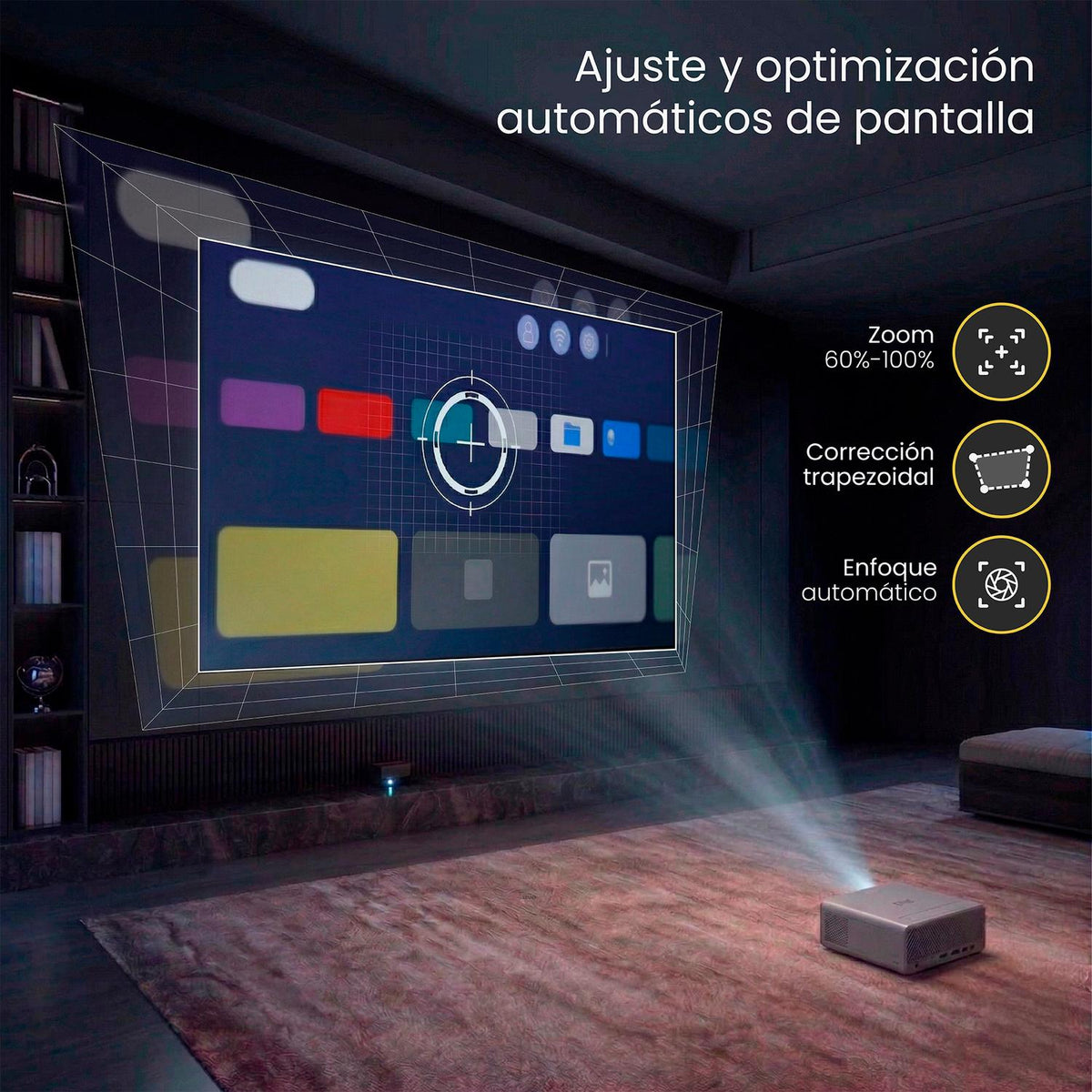 LEVO Proyector Hexa — infografía especificaciones: 8000lm, WiFi, Bluetooth, Android