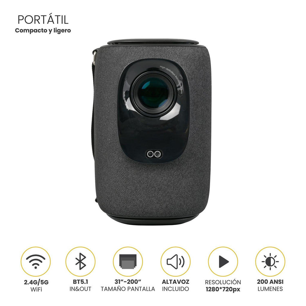 LEVO Proyector Nova — ángulo lateral mostrando diseño compacto y asa de transporte