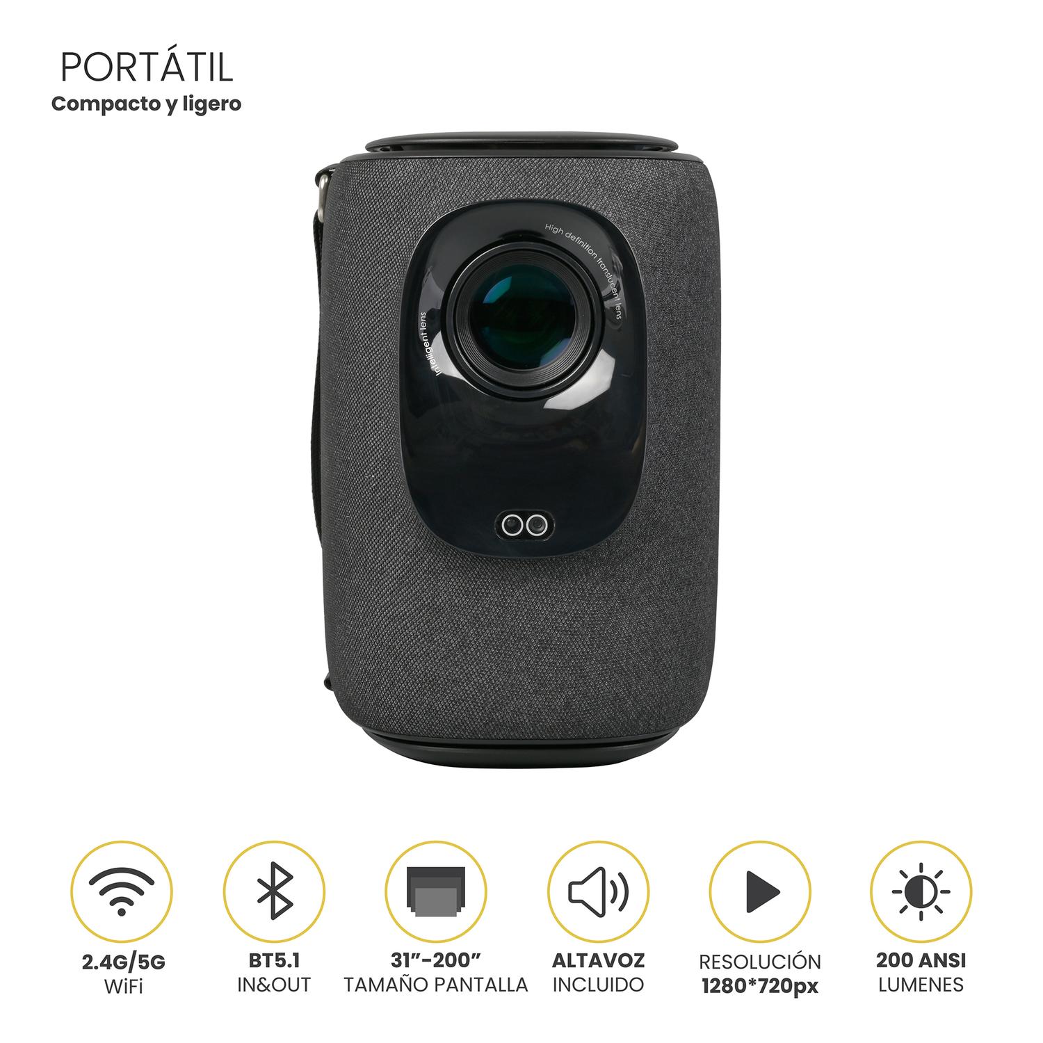 LEVO Proyector Nova — ángulo lateral mostrando diseño compacto y asa de transporte
