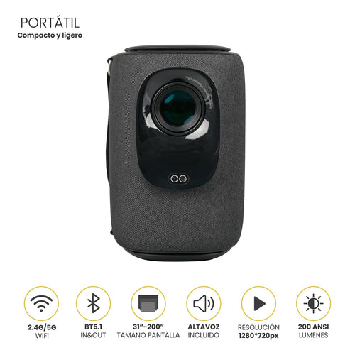 LEVO Proyector Nova — ángulo lateral mostrando diseño compacto y asa de transporte