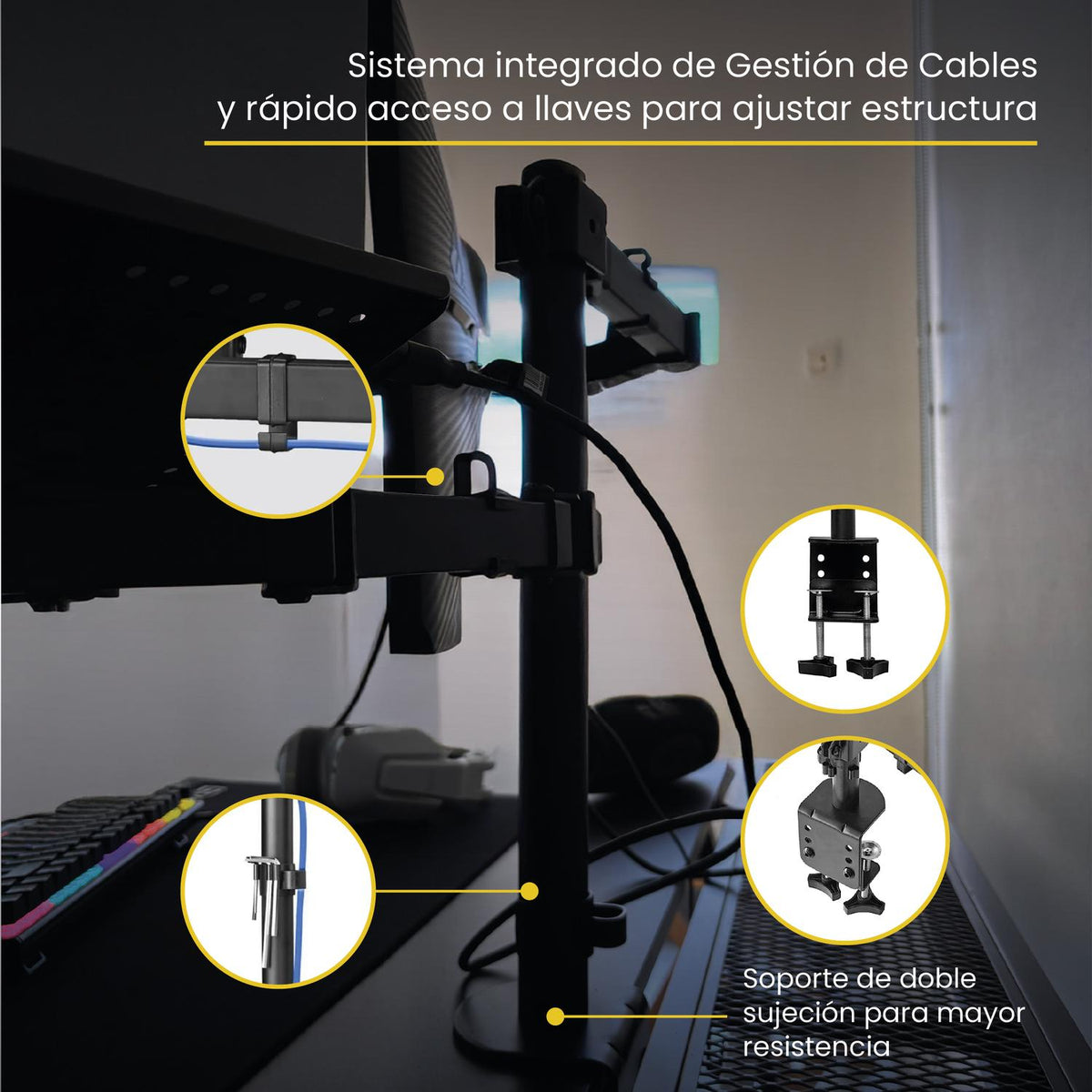 LEVO Brazo Doble — vista lateral del perfil articulado extendido al máximo