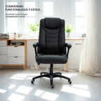 LEVO Silla Comfort — lifestyle en oficina moderna con escritorio y notebook