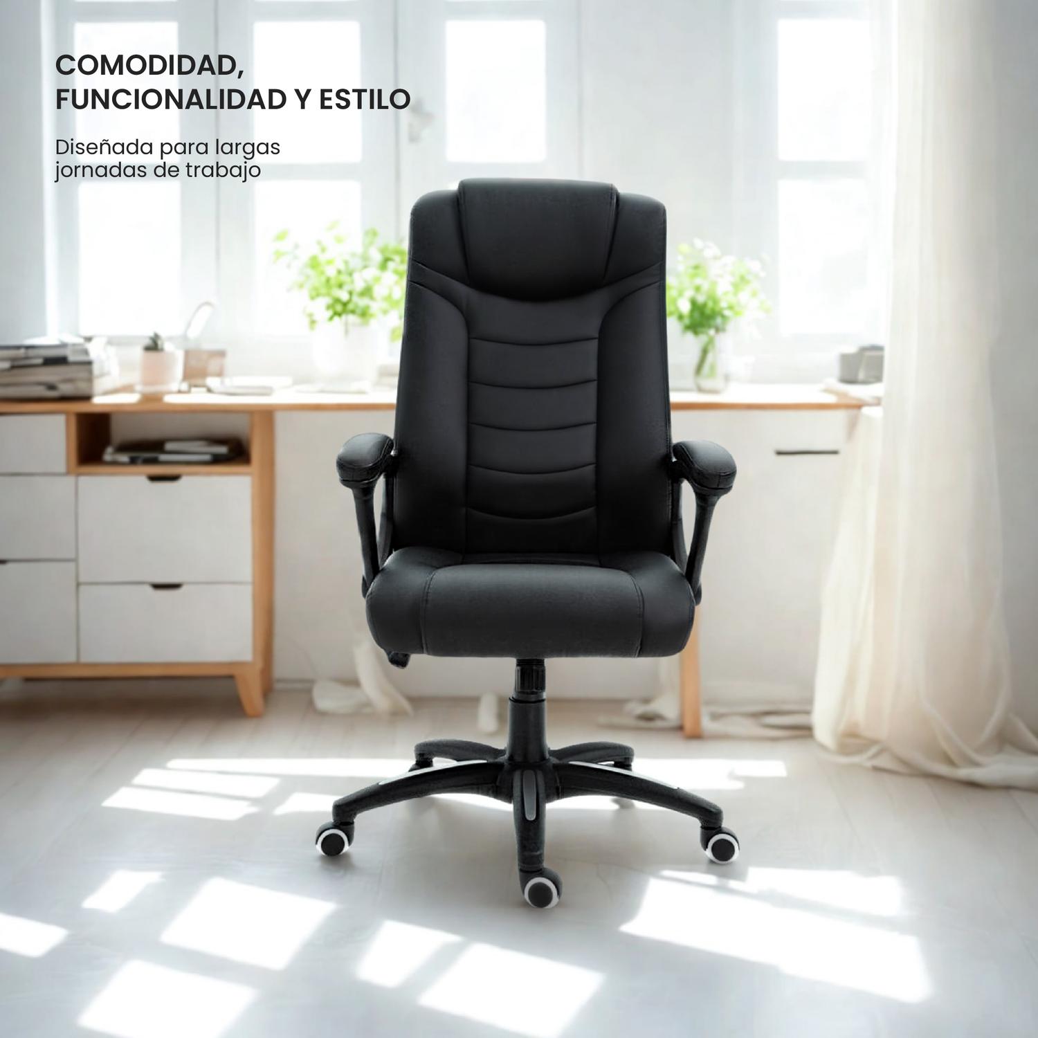 LEVO Silla Comfort — lifestyle en oficina moderna con escritorio y notebook