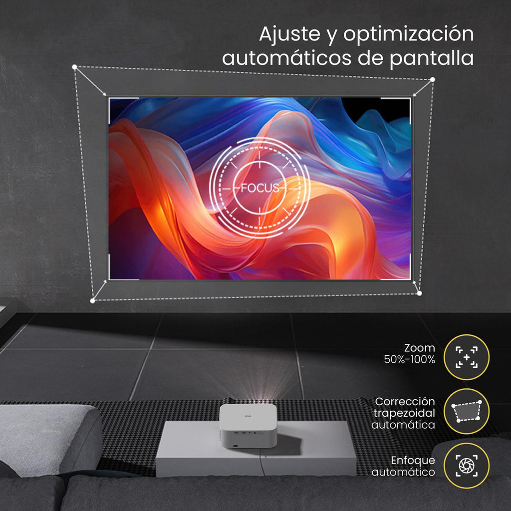 LEVO Proyector Orion — infografía especificaciones: 12000lm, Full HD nativo, AutoFocus