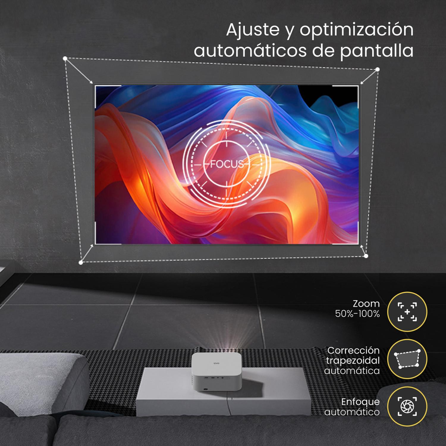 LEVO Proyector Orion — infografía especificaciones: 12000lm, Full HD nativo, AutoFocus