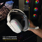 LEVO Zenit Elite blanco — detalle de almohadilla y RGB encendido en blanco