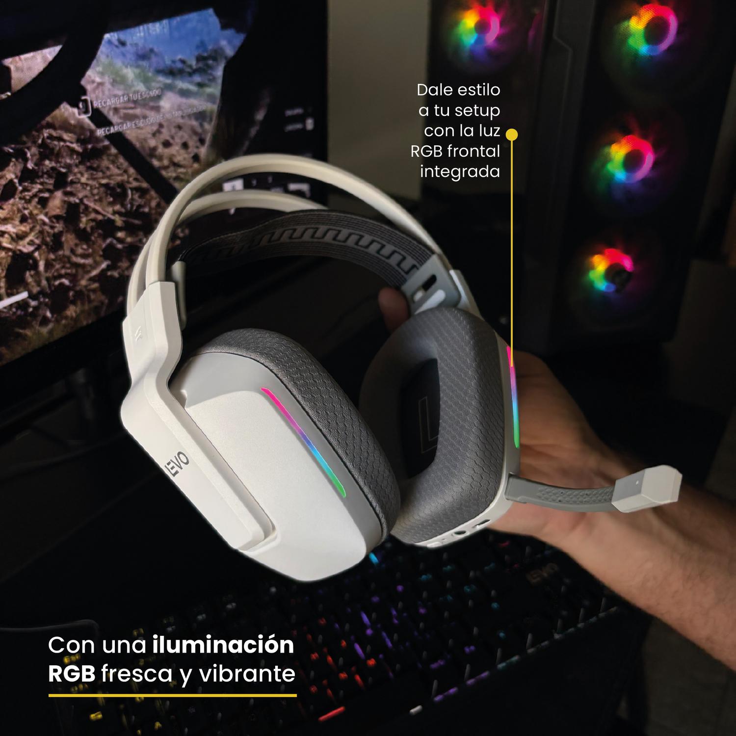 LEVO Zenit Elite blanco — detalle de almohadilla y RGB encendido en blanco