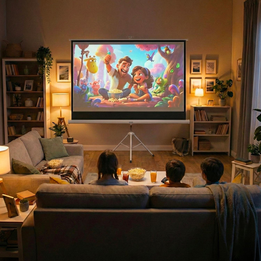 LEVO Telón 80 pulgadas — cine en casa con proyector LEVO sobre imagen proyectada