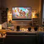 LEVO Telón 80 pulgadas — cine en casa con proyector LEVO sobre imagen proyectada