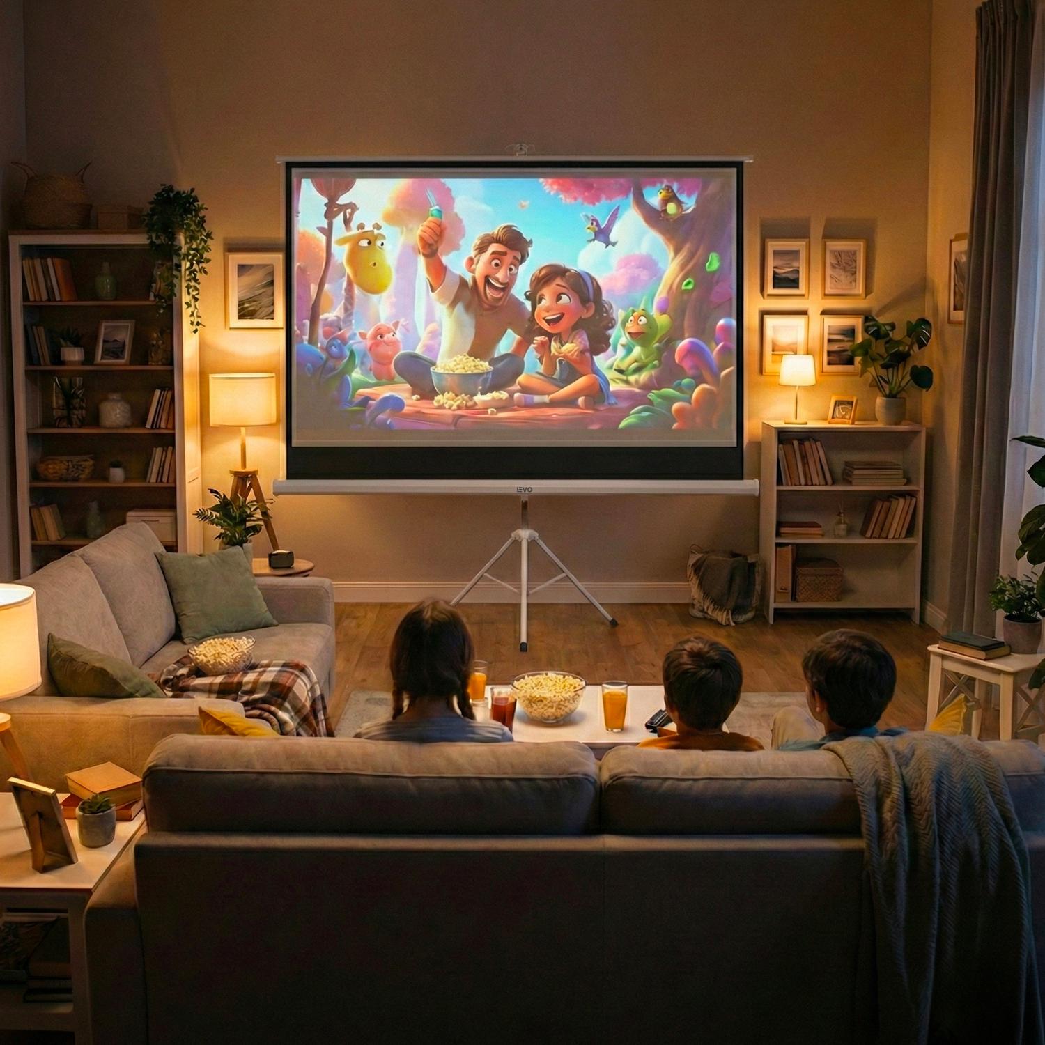 LEVO Telón 80 pulgadas — cine en casa con proyector LEVO sobre imagen proyectada