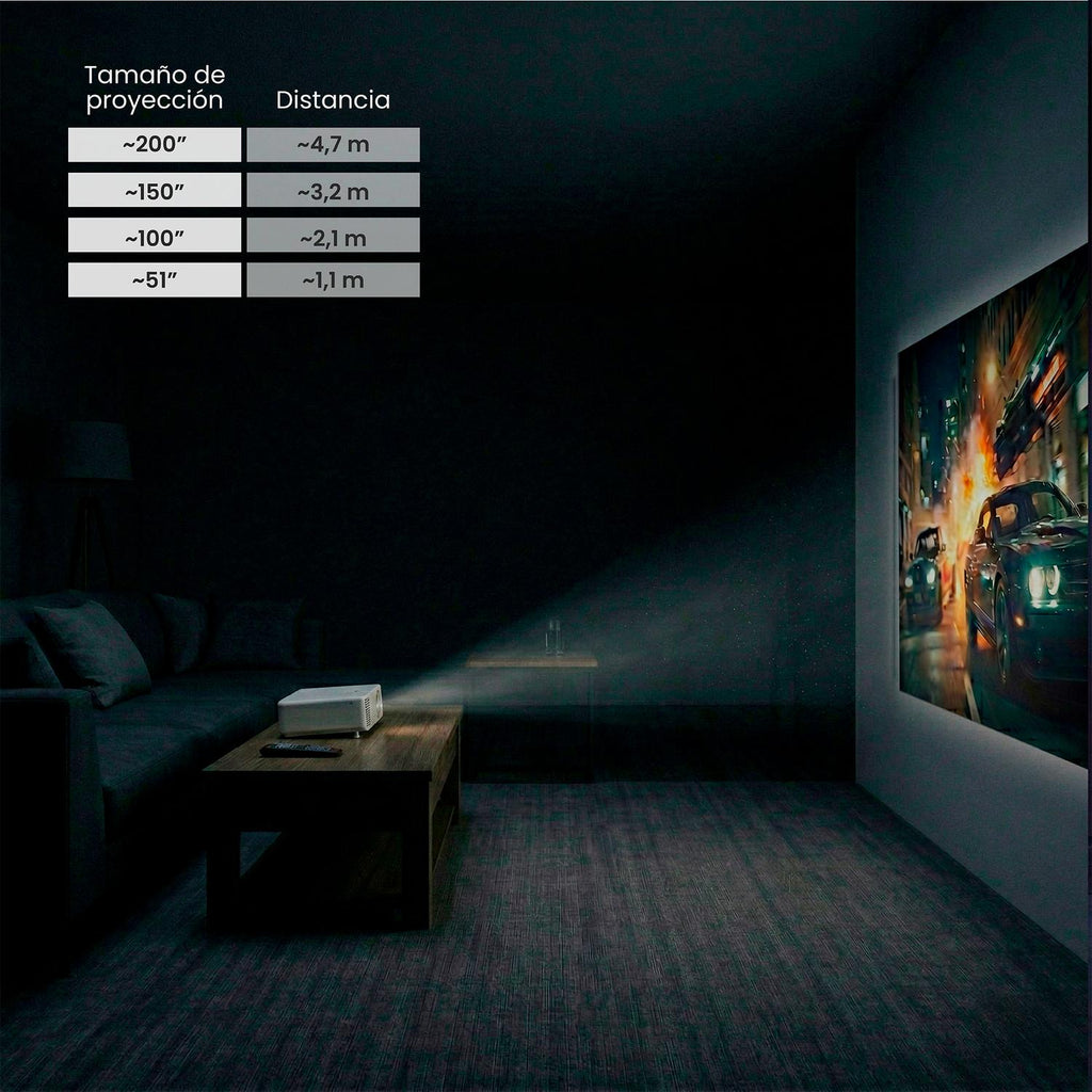 LEVO Proyector Hexa — lifestyle proyectando contenido Android en sala familiar