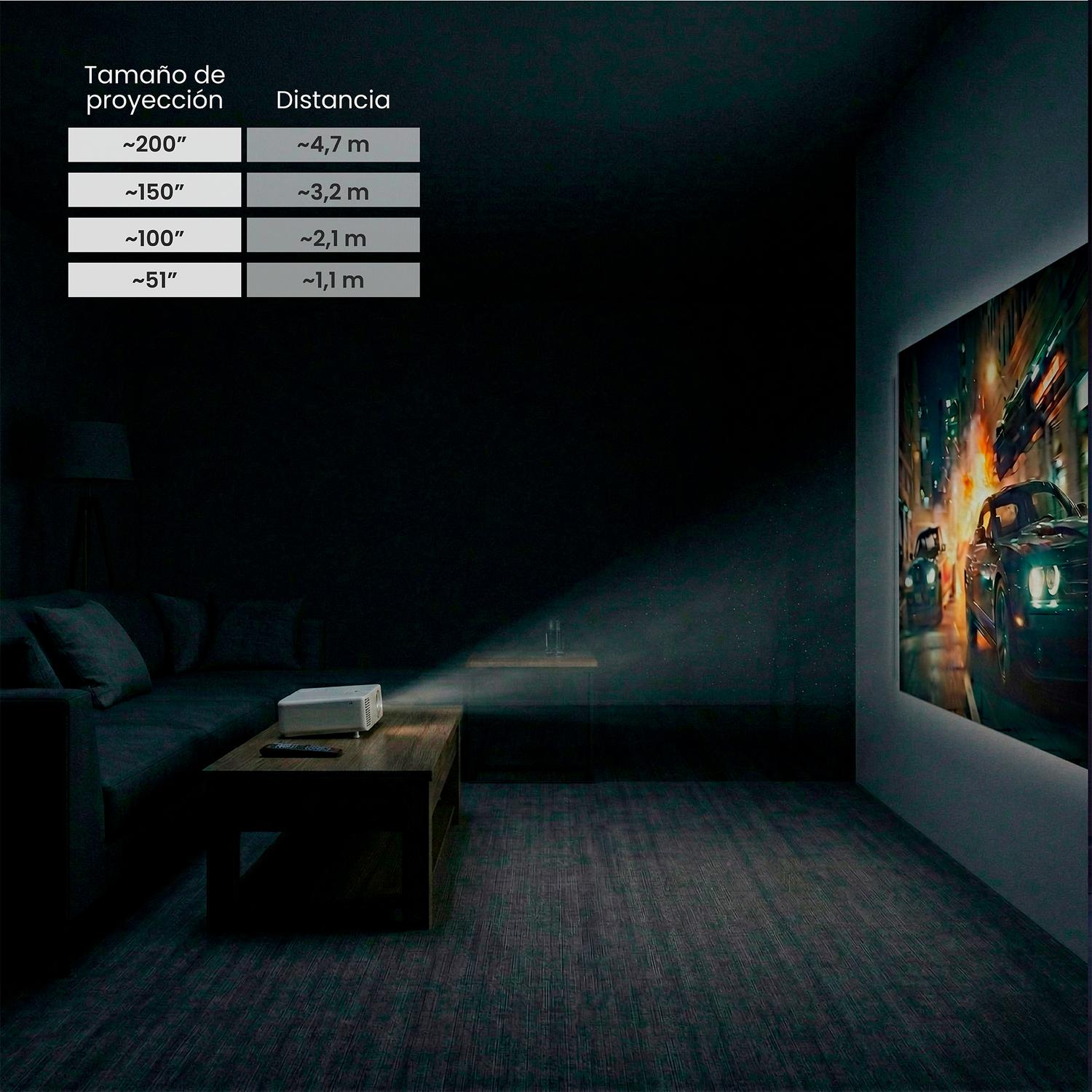 LEVO Proyector Hexa — lifestyle proyectando contenido Android en sala familiar