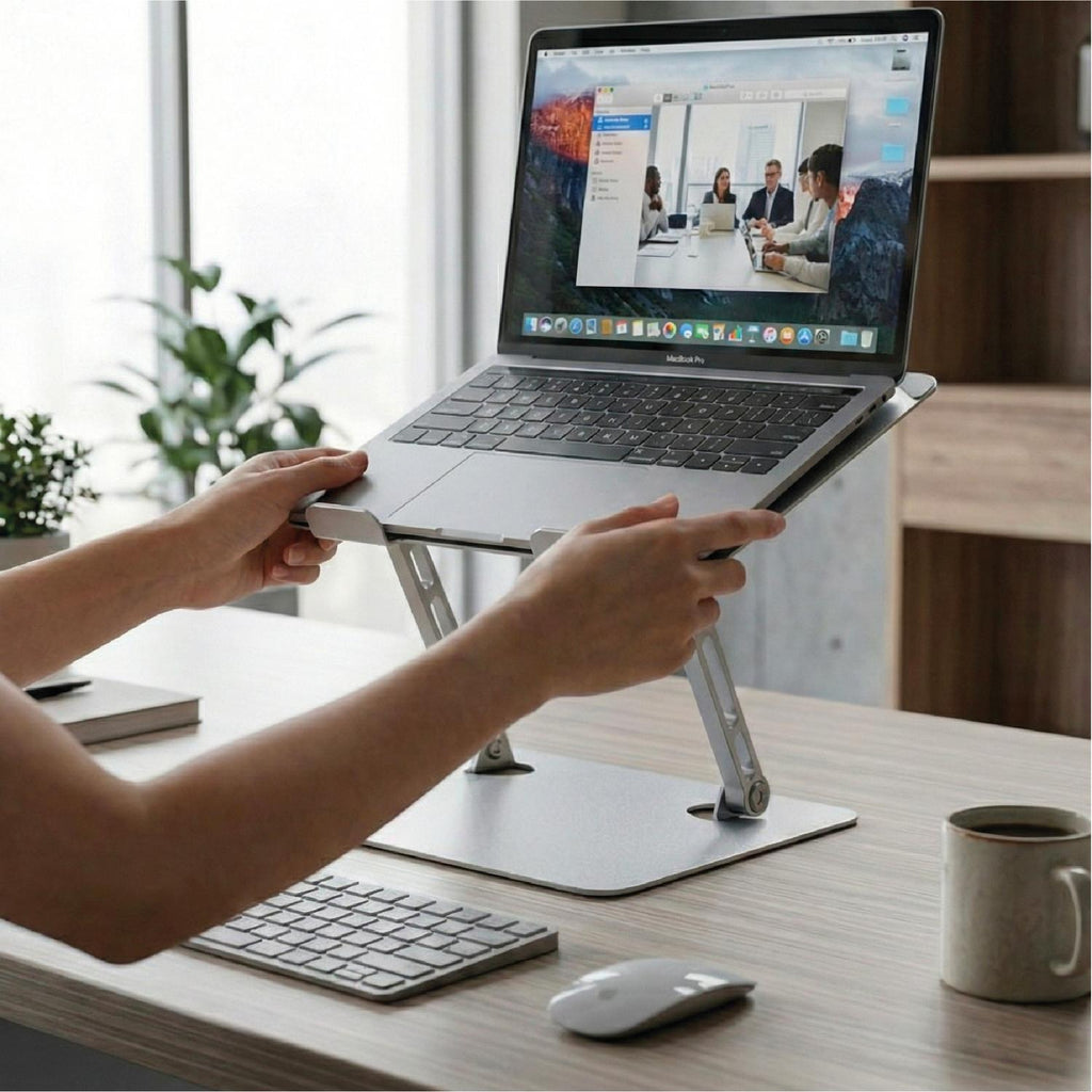 LEVO Alzador Notebook — persona ajustando la altura con las manos, detalle mecanismo