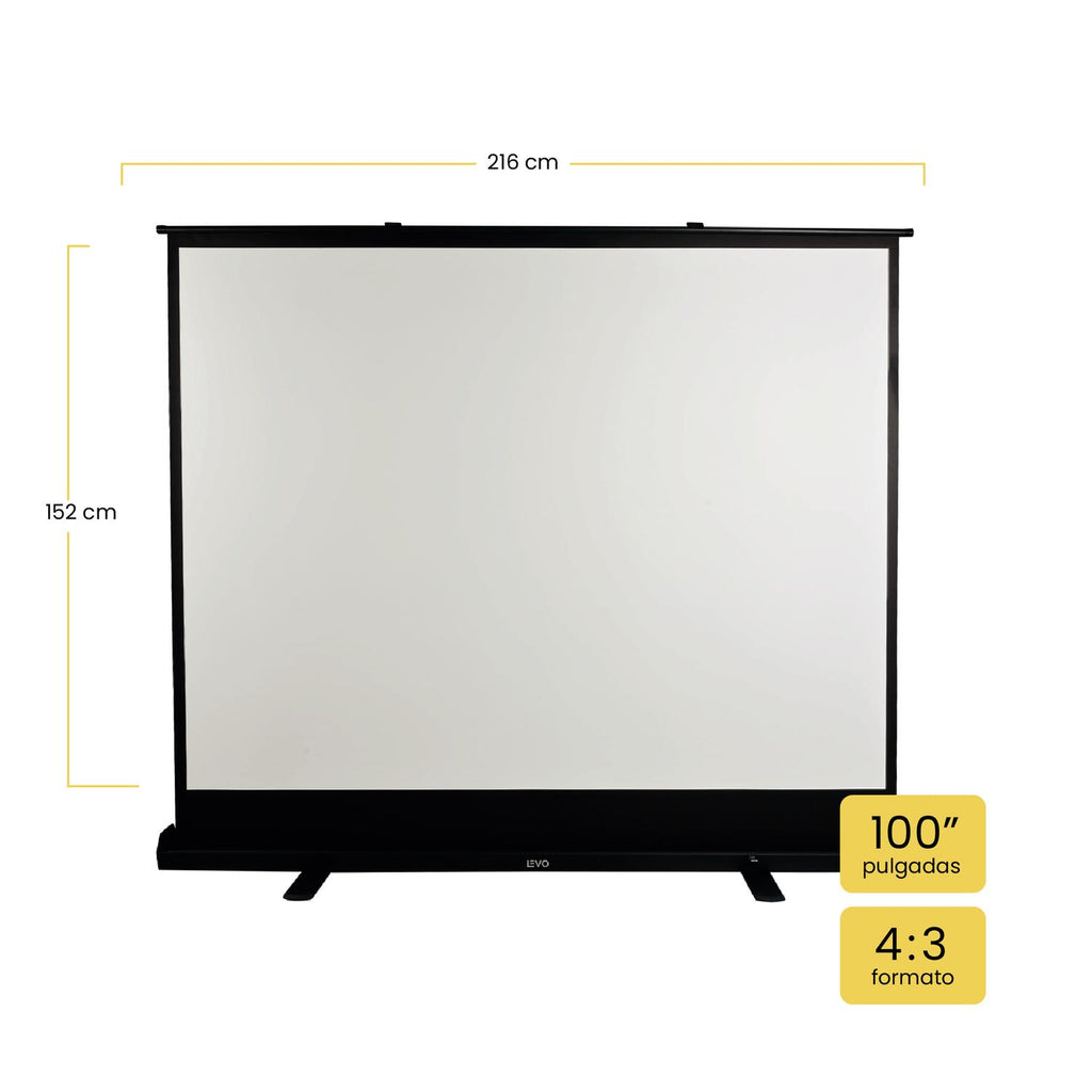 LEVO Telón retráctil 100 pulgadas — detalle de la base rectangular negra de piso