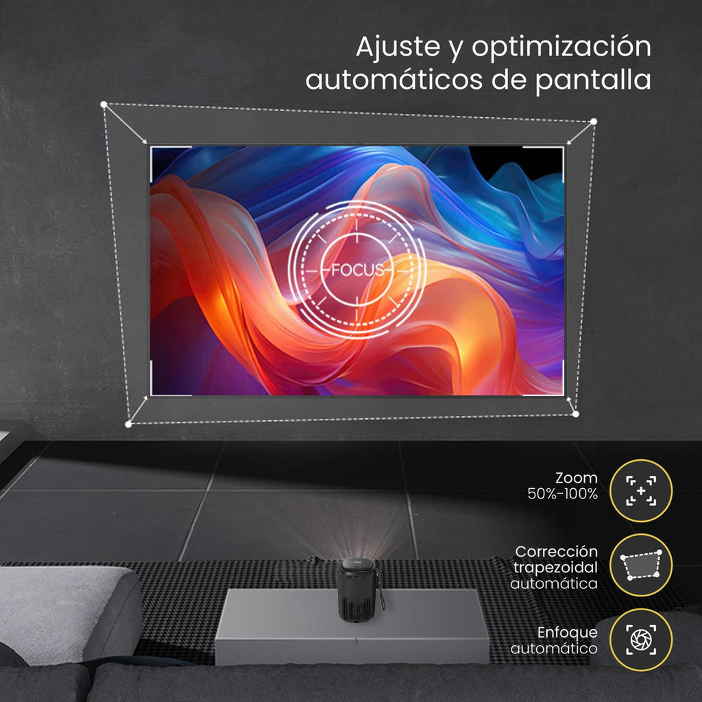 LEVO Proyector Nova — infografía especificaciones: 9000lm, WiFi 6, Android, 2 parlantes