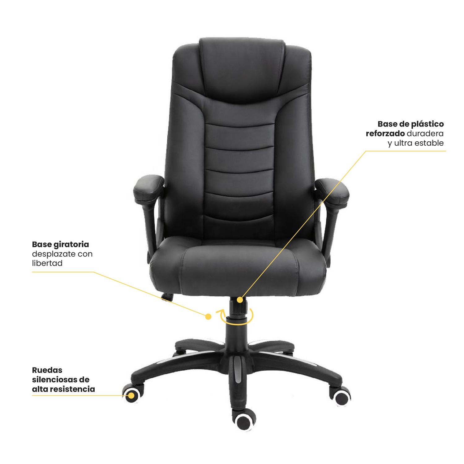 LEVO Silla Comfort — base nylon negra con ruedas y palanca de altura, detalle