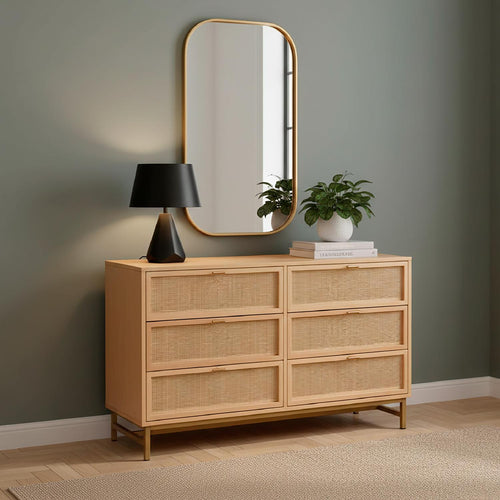 Cómoda doble de ratán 6 cajones Atmosphera, 120 × 40 × 74,5 cm, en uso