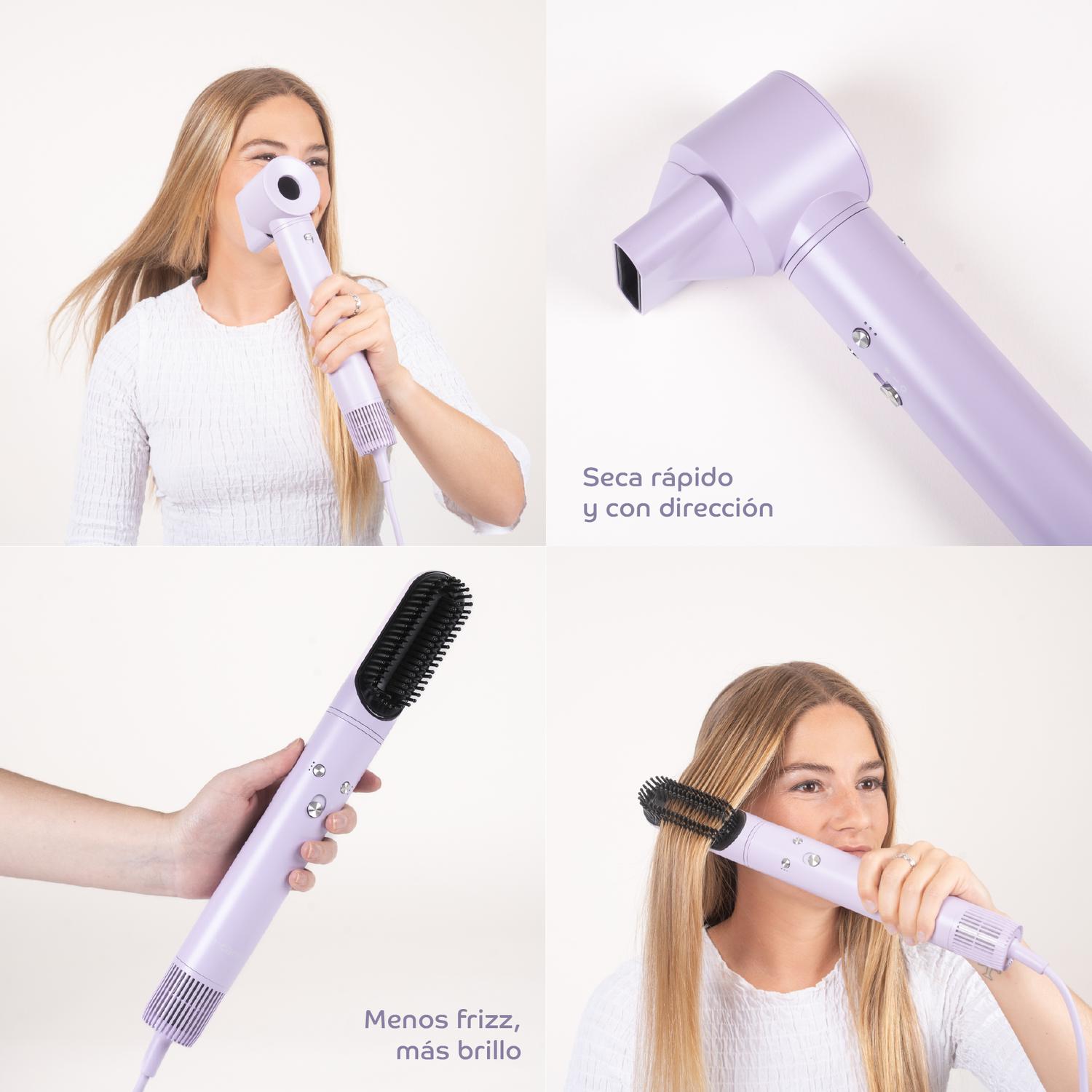 T-Care Multistyler — infografía con 5 funciones: seca, ondula, alisa, riza y volumen