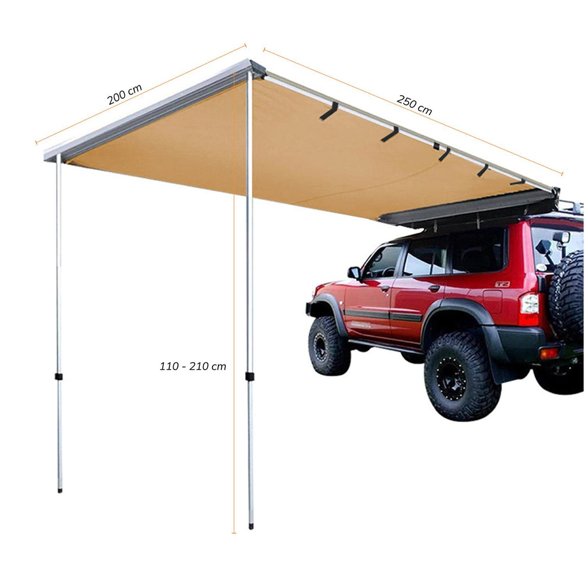 XRoad Toldo Camping — infografía dimensiones desplegadas y área de sombra cubierta