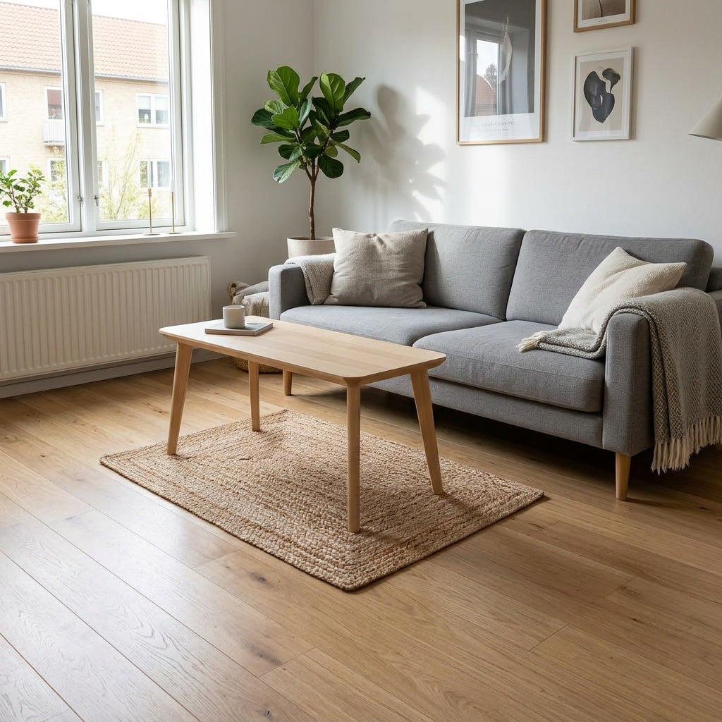 Alfombra Yute Natural 60x90cm en living escandinavo — Atmosphera Francia