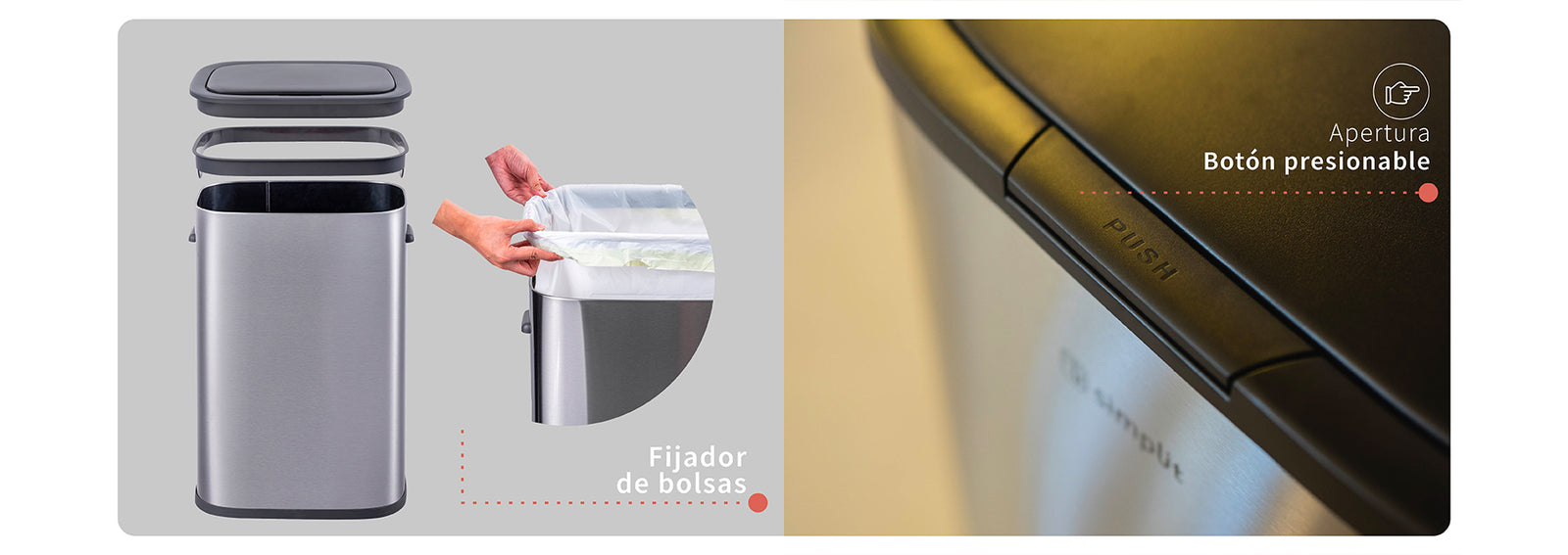 Basurero Cocina Handy 55lts Táctil Acero Inox Simplit