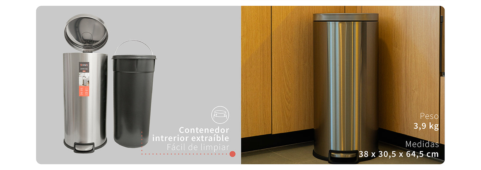 Basurero Cocina Urban 30lts Pedal Acero Inox Simplit