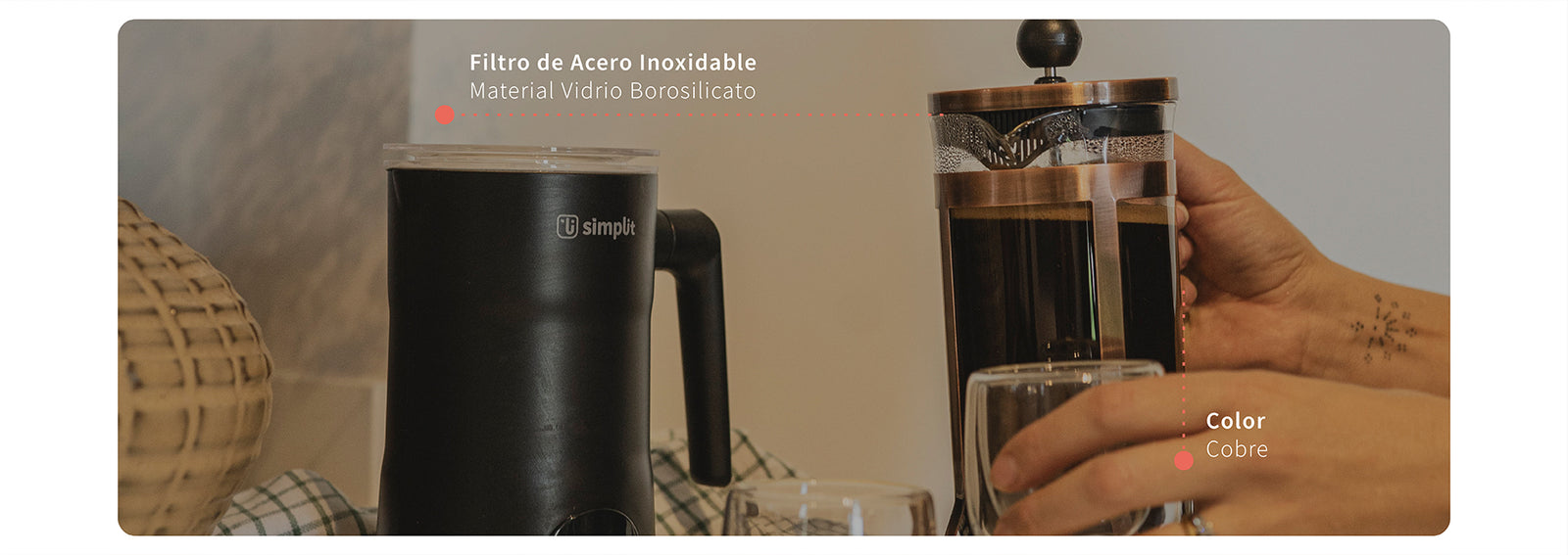 Cafetera Prensa Francesa Vidrio Cobre 600 ml Simplit