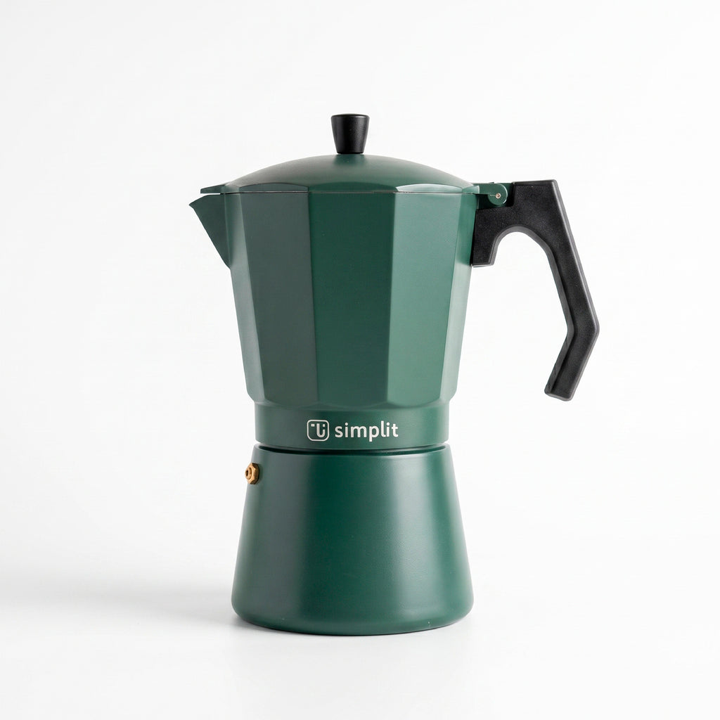 Verde · Cafetera Italiana Lucca 12 tazas 600 ml de aluminio Simplit, frontal sobre fondo blanco