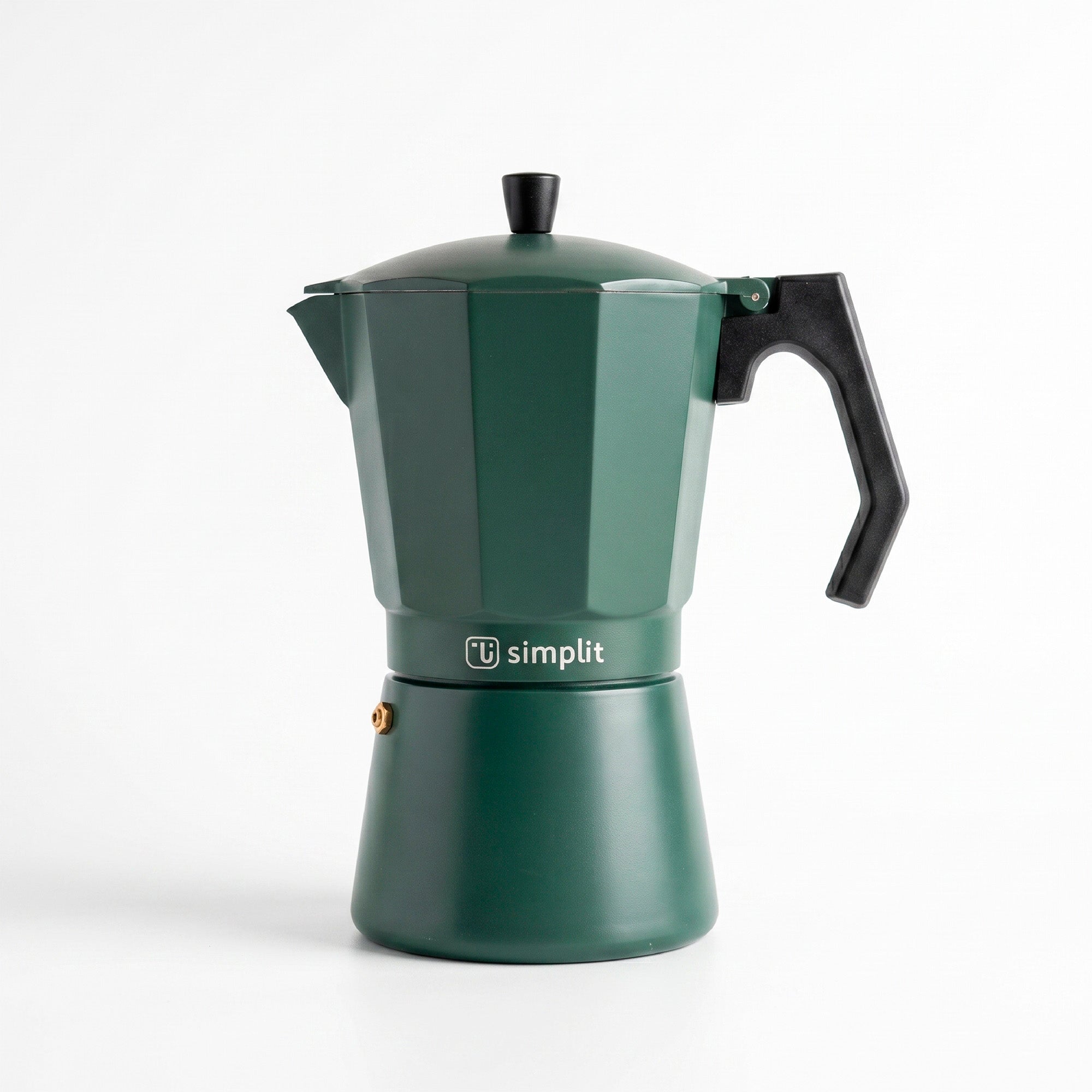 Verde · Cafetera Italiana Lucca 12 tazas 600 ml de aluminio Simplit, frontal sobre fondo blanco