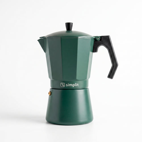 Verde · Cafetera Italiana Lucca 12 tazas 600 ml de aluminio Simplit, frontal sobre fondo blanco