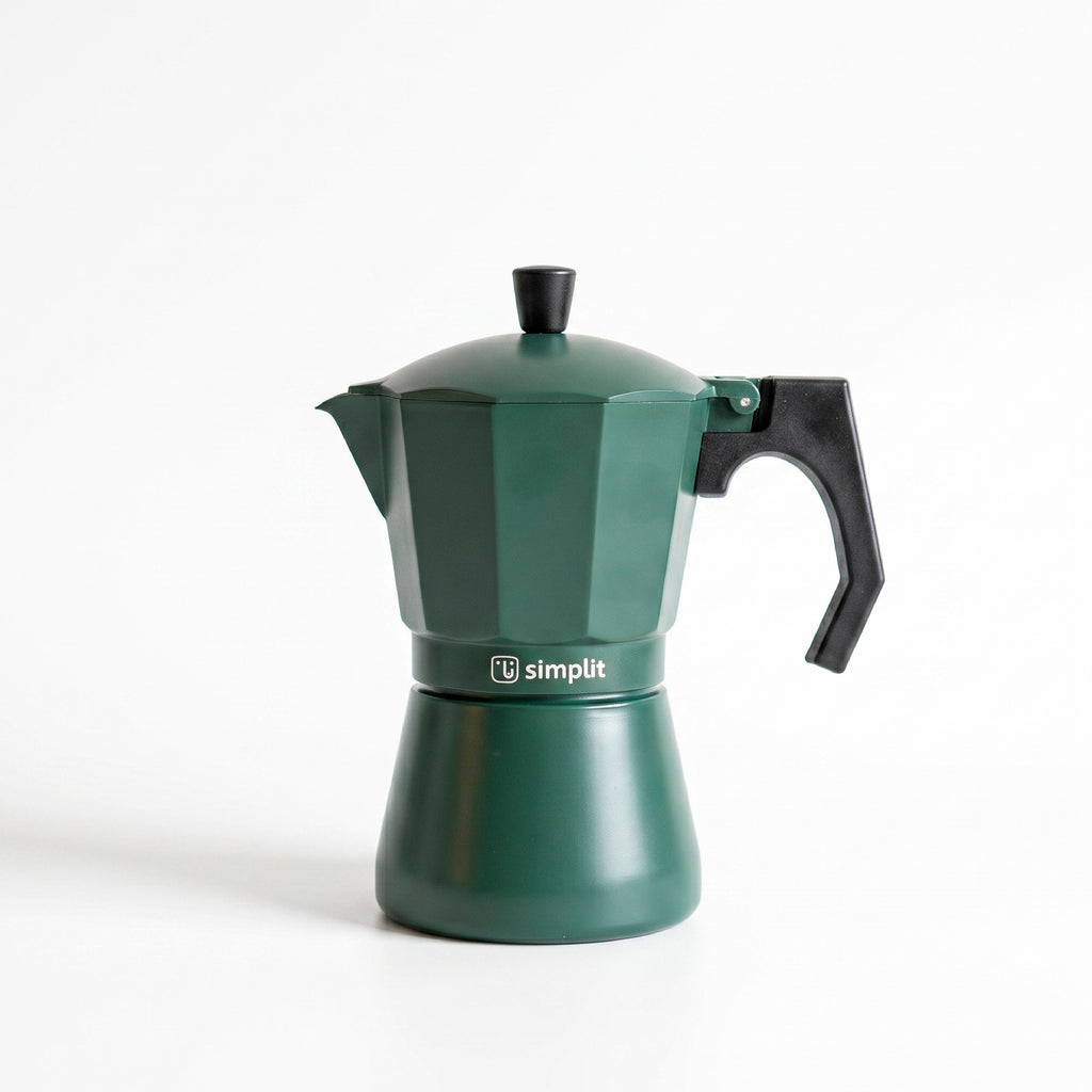 Verde · Cafetera Italiana Lucca 4 tazas 300 ml de aluminio Simplit, frontal sobre fondo blanco