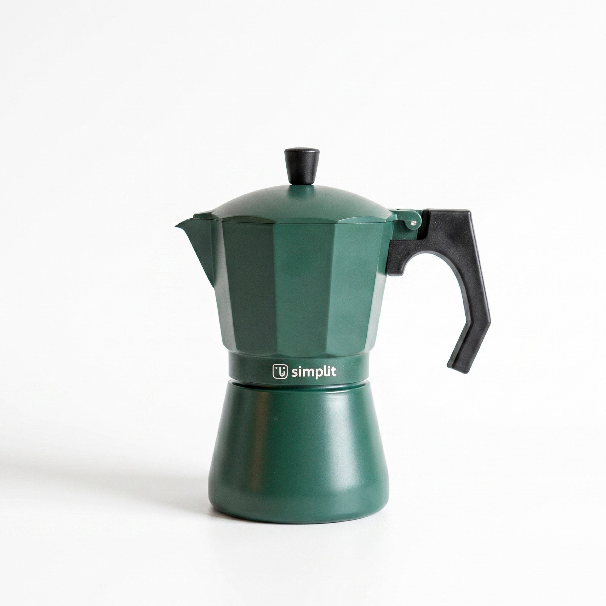Verde · Cafetera Italiana Lucca 4 tazas 300 ml de aluminio Simplit, frontal sobre fondo blanco