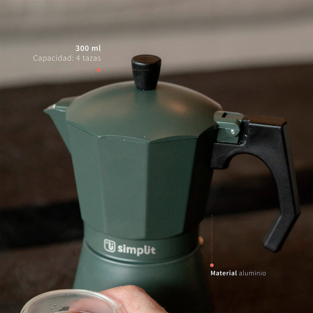 Verde · Cafetera Italiana Lucca 4 tazas 300 ml de aluminio Simplit, detalle de capacidad y material